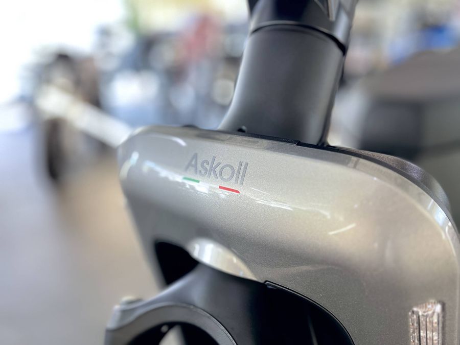 Nahaufnahme des Askoll-Schriftzugs und der Streifen auf der Verkleidung des Fahrzeugs.