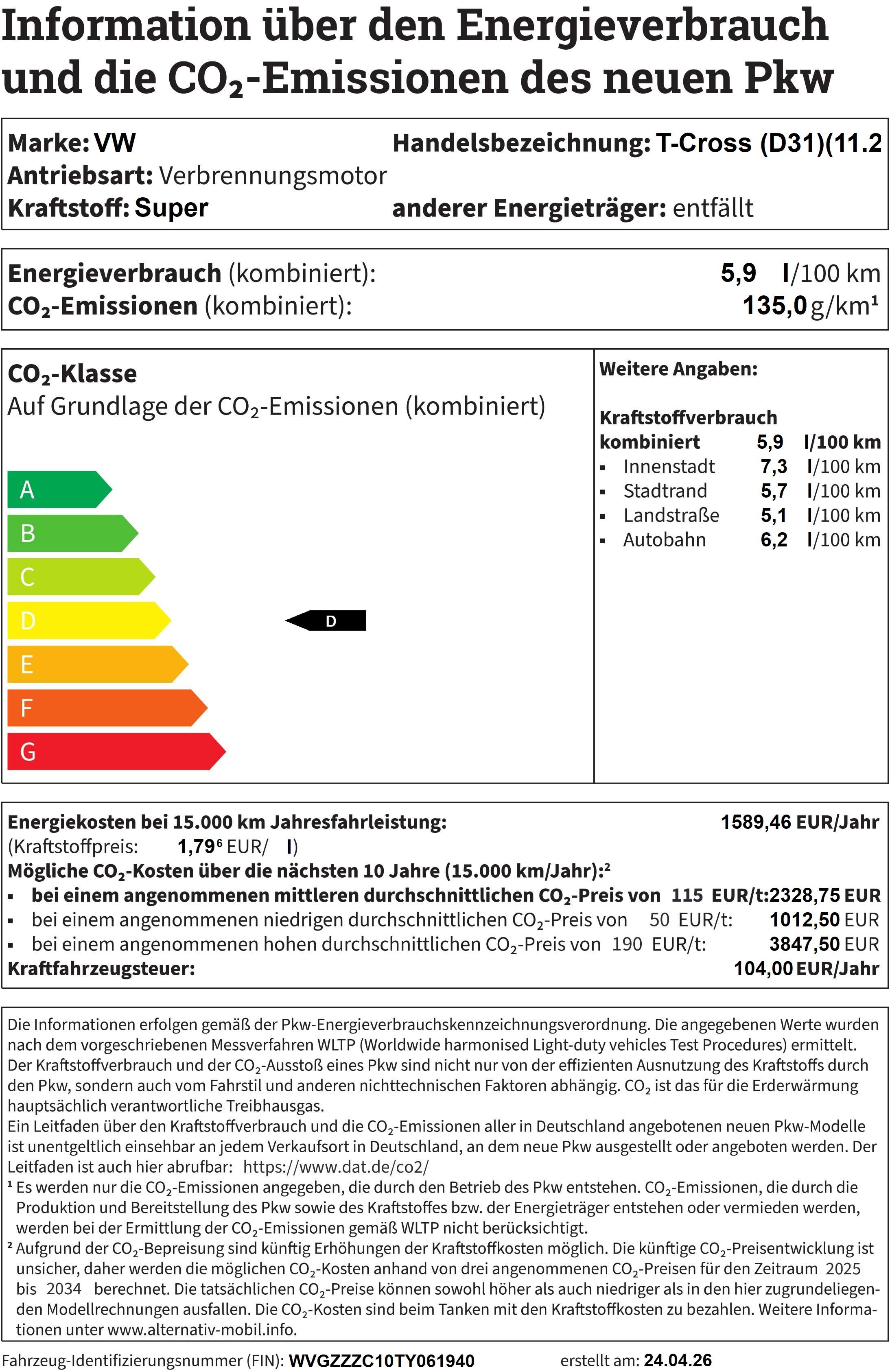 Energieverbrauchskennzeichnung T-CROSS 1,0 TSI R-Line AHK Matrix DSG